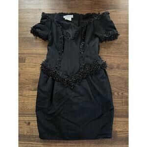 VTG Isabelle Allard Statement Strapless Beaded Black Dress Sz 42 France Pockets